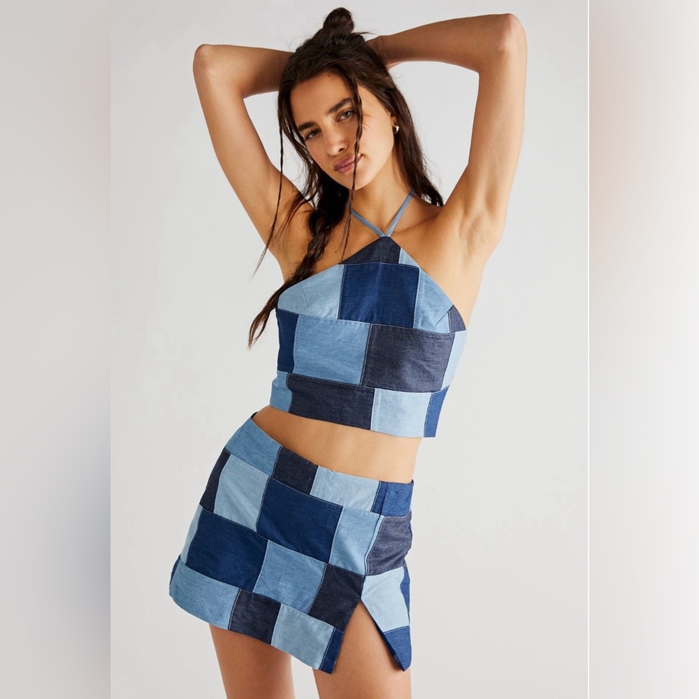Amanda Uprichard Denim Patchwork Skirt Set